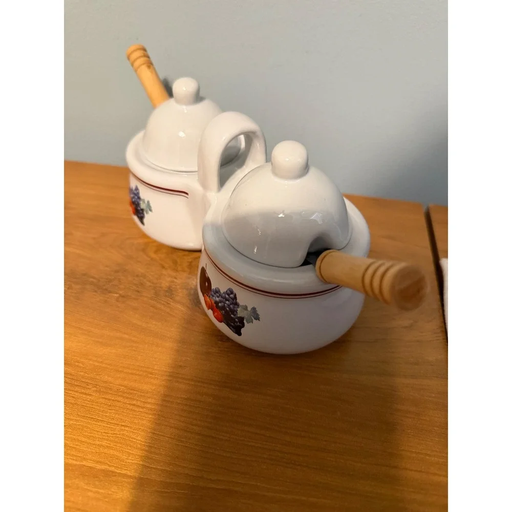 Houston Harvest Ceramic Double Condiment Server Fruit Motif with Spoons 1812FY06